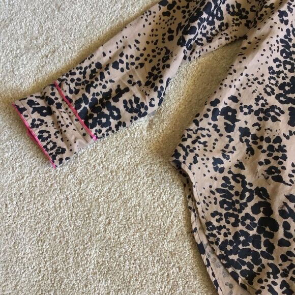 J Crew Brown Tan Black Leopard Print Button Down Shirt Blouse Linen Pink Trim - Picture 5 of 9